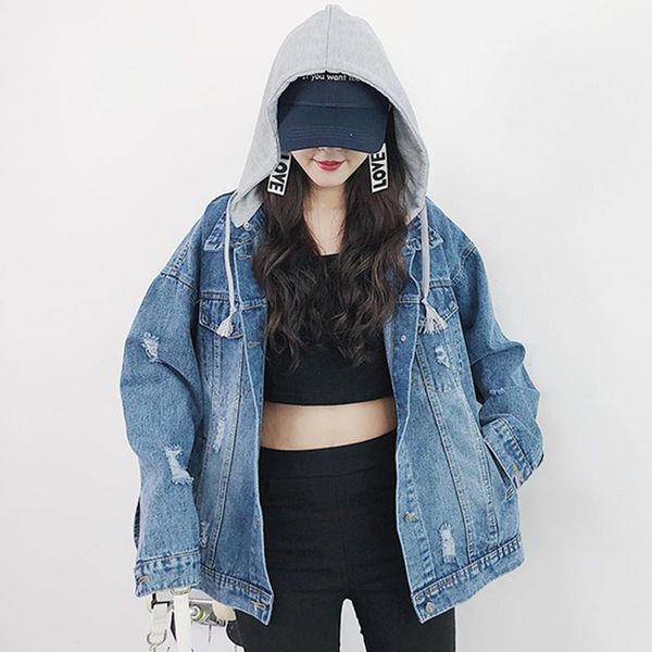 ladies autumn fake two pieces denim jacket female vinatge fashion long sleeve hooded overcoat casual loose letter outerwear z247, Black;brown
ladies autumn fake two pieces denim jacket female vinatge fashion long sleeve hooded overcoat casual loose letter outerwear z247, Black;brown