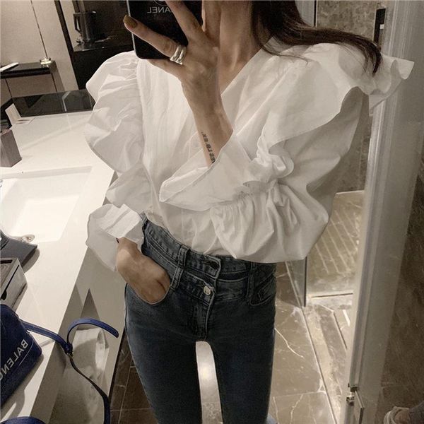 2021 solid streetwear vintage chic fashion full sleeves v neck high waist shirts all match brief blouses, White
2021 solid streetwear vintage chic fashion full sleeves v neck high waist shirts all match brief blouses, White