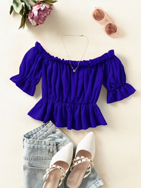 flounce sleeve frill trim bardot peplum blouse a9pg#, White
