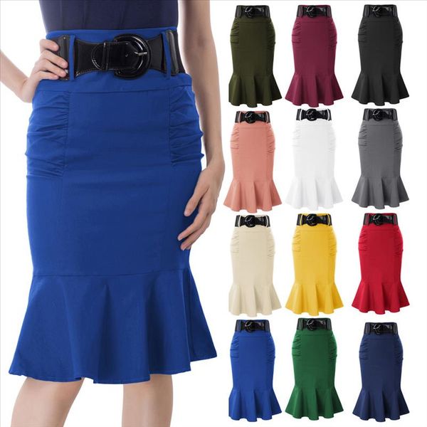 women skirts retro belt decorated mermaid hem hips wrapped skirts elegant solid knee fit bodycon pencil skirt work, Black
women skirts retro belt decorated mermaid hem hips wrapped skirts elegant solid knee fit bodycon pencil skirt work, Black