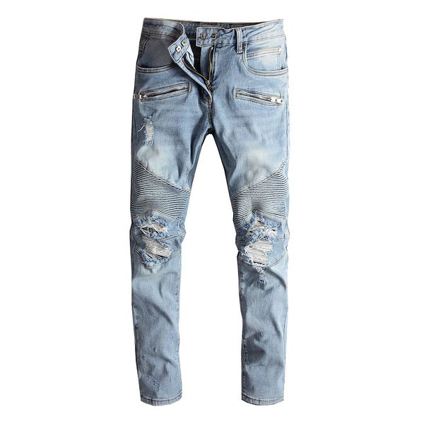 men's classic blue pleated ripped biker jeans fashion slim straight stretch denim pants holes distressed trousers
men's classic blue pleated ripped biker jeans fashion slim straight stretch denim pants holes distressed trousers