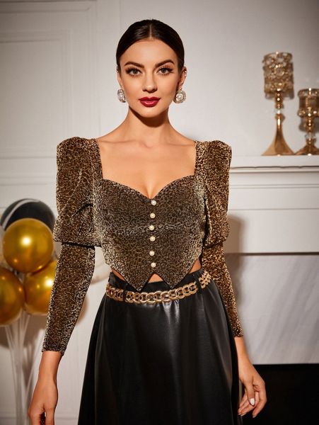 leopard pattern sweetheart neck gigot sleeve asymmetrical hem crop glitter blouse e1f3#, White