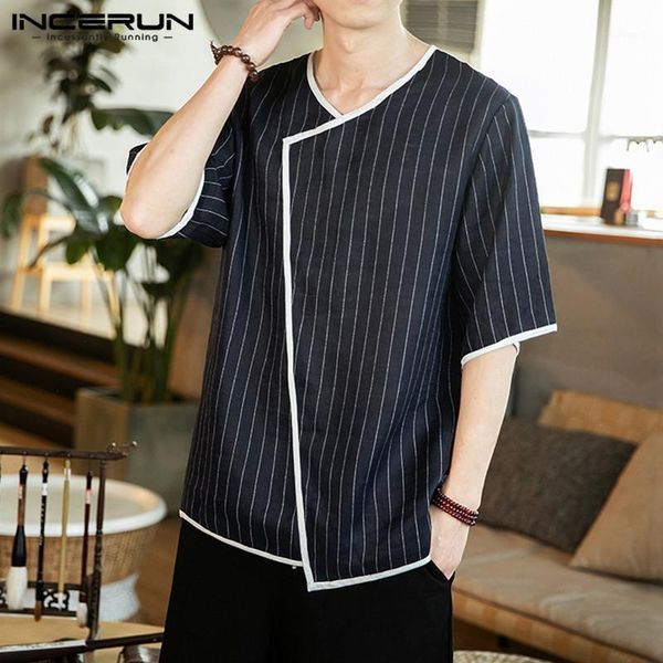 men's casual shirts man vintage loose shirt fashion blusas men striped short sleeve v neck camisa summer masculina s-5xl incerun1, White;black
men's casual shirts man vintage loose shirt fashion blusas men striped short sleeve v neck camisa summer masculina s-5xl incerun1, White;black