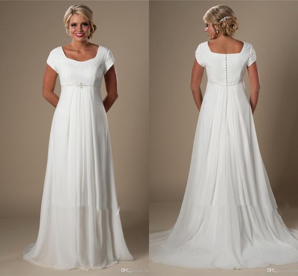 informal ivory lace chiffon beach modest wedding dresses with cap sleeves a-line temple bridal gowns floor length wedding gowns, White
informal ivory lace chiffon beach modest wedding dresses with cap sleeves a-line temple bridal gowns floor length wedding gowns, White