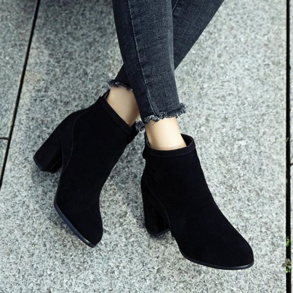 big size 1 ma'am coarse heel short boots pure color back zipper boot barrel high heel boots, Black
big size 1 ma'am coarse heel short boots pure color back zipper boot barrel high heel boots, Black