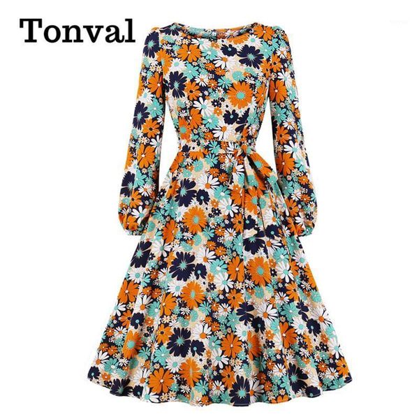 tonval multicolor floral print a line bishop sleeve elegant dresses autumn 2020 women long sleeve belted vintage midi dress1, Black;gray 
tonval multicolor floral print a line bishop sleeve elegant dresses autumn 2020 women long sleeve belted vintage midi dress1, Black;gray