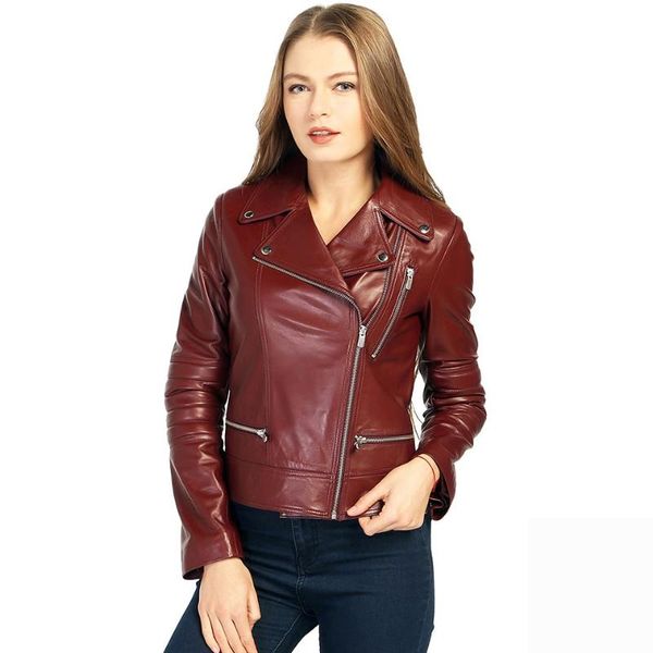 women's leather & faux lambskin biker woman burgundy jacket outdoor motorcycle sheepskin metal zipper satin lining genuie gifts for, Black
women's leather & faux lambskin biker woman burgundy jacket outdoor motorcycle sheepskin metal zipper satin lining genuie gifts for, Black