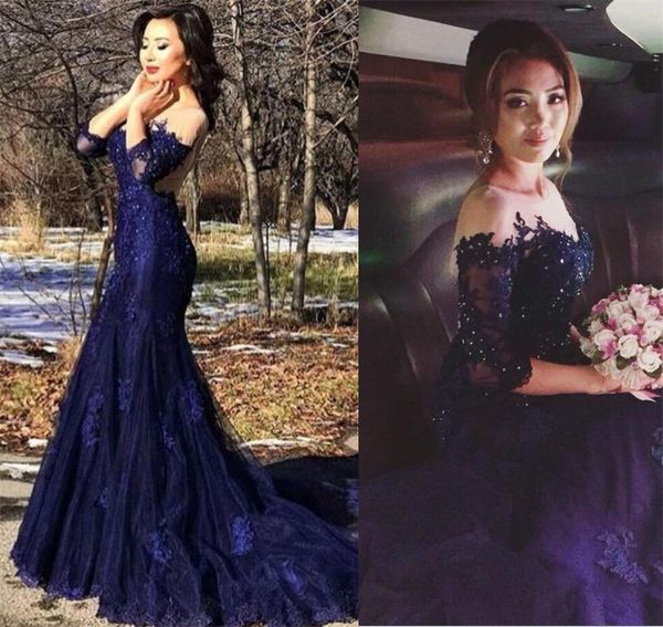 2021 illusion neck dark navy lace mermaid evening dresses sheer long sleeves formal dress sweep train corset back evening party gowns, Black;red
2021 illusion neck dark navy lace mermaid evening dresses sheer long sleeves formal dress sweep train corset back evening party gowns, Black;red