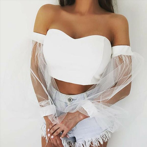 women off shoulder v neck solid crop fashion ladies mesh bubble sleeve high street, White
women off shoulder v neck solid crop fashion ladies mesh bubble sleeve high street, White