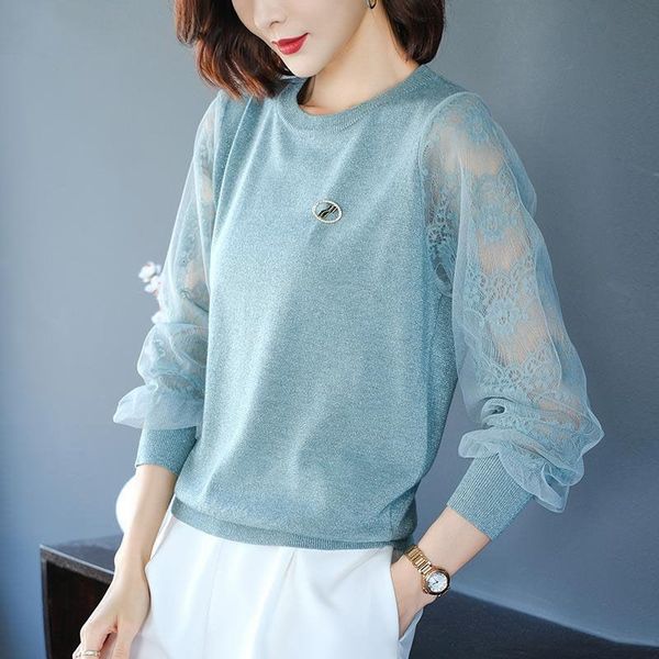 long sleeved mesh printing knitted sweater female round neck lantern sleeve lace stitching bottoming pullover jumpers women, White;black
long sleeved mesh printing knitted sweater female round neck lantern sleeve lace stitching bottoming pullover jumpers women, White;black