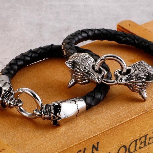 gothic skull wrap bangle double wolf head bracelet men stainless steel biker jewelry braided leather mens cuff bracelets 20201, Golden;silver