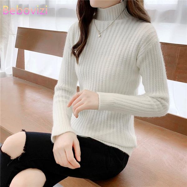 white blue green black turtleneck fall winter women long sleeve knitted sweater, White;black