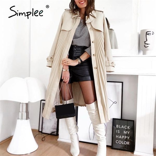 

simplee elegant pleated women trench autumn winter casual single-breasted belt female long wind coat office ladies overcoat 201103, Tan;black