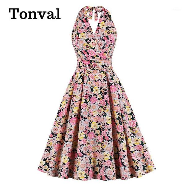 tonval multicolor floral high waist vintage robes women belted halter party dress backless elegant wrap midi dresses1, Black;gray 
tonval multicolor floral high waist vintage robes women belted halter party dress backless elegant wrap midi dresses1, Black;gray