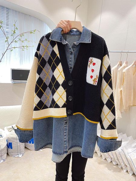 women's knits & tees knitted patchwork fake two piece denim jacket middle long 2021 autumn winter shirt loose sweater cardigan, White
women's knits & tees knitted patchwork fake two piece denim jacket middle long 2021 autumn winter shirt loose sweater cardigan, White