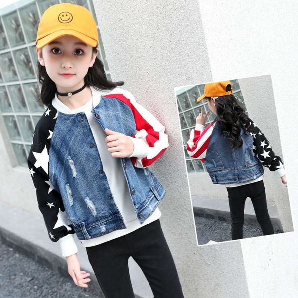 and girls' spring cloth new boys' wear out color contrast cardigan cotton hole denim coat, Black 
and girls' spring cloth new boys' wear out color contrast cardigan cotton hole denim coat, Black