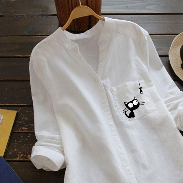 women t shirt cotton linen casual cat printed long sleeve shirt button down autumn clothes chemise femme, White
women t shirt cotton linen casual cat printed long sleeve shirt button down autumn clothes chemise femme, White