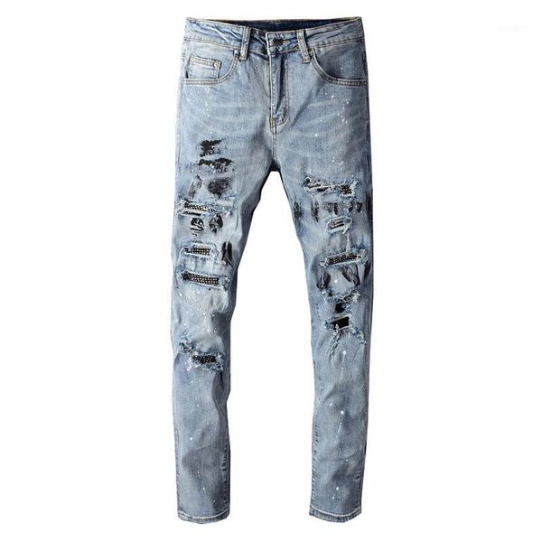 men's jeans sokotoo streetwear crystal ink painted ripped fashion light blue holes skinny stretch denim pencil pants1
men's jeans sokotoo streetwear crystal ink painted ripped fashion light blue holes skinny stretch denim pencil pants1