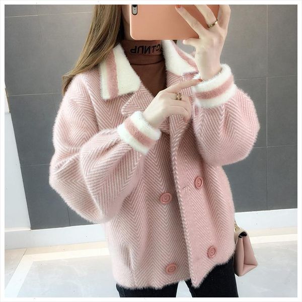 double breasted spring coat women sweater knitted mink jacket womens short section pretty herringbone woolen cardigan f2709, White;black 
double breasted spring coat women sweater knitted mink jacket womens short section pretty herringbone woolen cardigan f2709, White;black