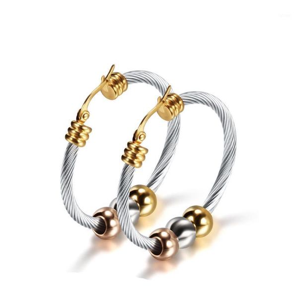 girls women stainless steel simple hoop earrings with three gold beads fashion jewelry boucle d'oreille femme 20201, Golden;silver 
girls women stainless steel simple hoop earrings with three gold beads fashion jewelry boucle d'oreille femme 20201, Golden;silver