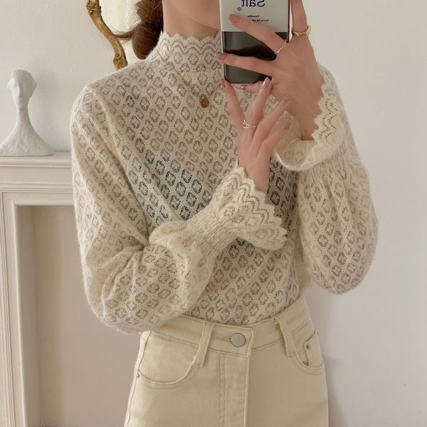 2021 new chiffon women's solid lace shirts hollow out mock neck puff sleeves female bottom shirt see through spring clothes rvpm, White
2021 new chiffon women's solid lace shirts hollow out mock neck puff sleeves female bottom shirt see through spring clothes rvpm, White