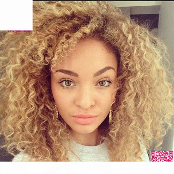 kinky curly blonde lace front human hair wig virgin brazilian glueless full lace human hair wigs with baby hair color #27, Black;brown