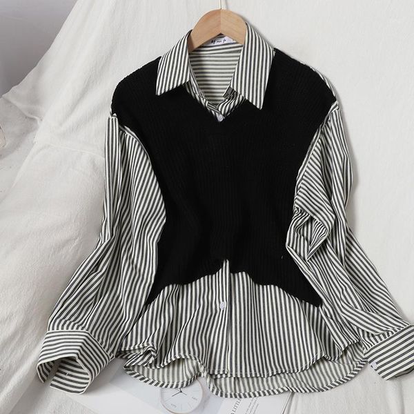 autumn stitching knitted fake two-piece blouse patchwork women single-breasted turn-down collar striped shirt female gx11601, White
autumn stitching knitted fake two-piece blouse patchwork women single-breasted turn-down collar striped shirt female gx11601, White