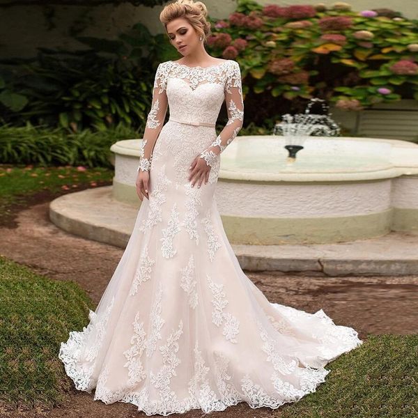 vintage lace champagne wedding dresses mermaid long sleeves lace bridal gowns back scoop neck plus size corset bacl vestidos de novia 2021, White
vintage lace champagne wedding dresses mermaid long sleeves lace bridal gowns back scoop neck plus size corset bacl vestidos de novia 2021, White