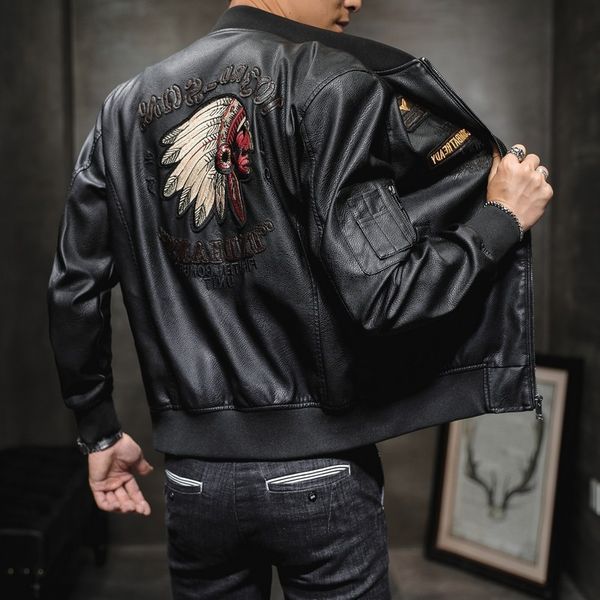 new men's leather male coat spring autumn embroidery streetwear casual pu motorcycle jacket men brand clothing bf2035, Black;brown
new men's leather male coat spring autumn embroidery streetwear casual pu motorcycle jacket men brand clothing bf2035, Black;brown