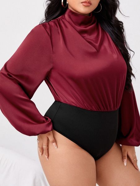 plus stand collar bishop sleeve bodysuit j0gd#, Black