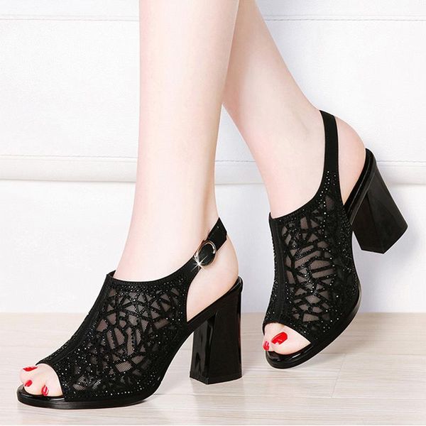 open toe mesh breathable rhinestone sandals fish mouth buckle strap square heel women shoes designer elegant work shoes, Black
open toe mesh breathable rhinestone sandals fish mouth buckle strap square heel women shoes designer elegant work shoes, Black