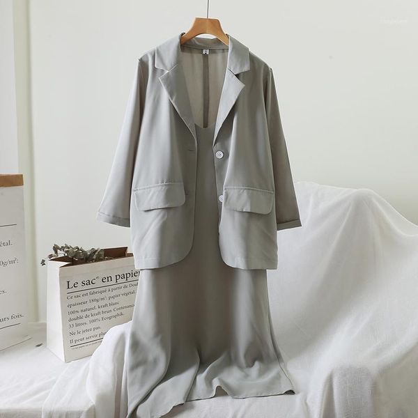 two piece dress 2021 summer women fashion set temperament loose chiffon suit coat + suspender two-piece s501, White
two piece dress 2021 summer women fashion set temperament loose chiffon suit coat + suspender two-piece s501, White