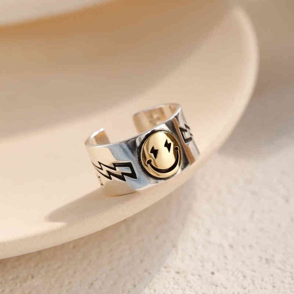 band ancient gold lightning smile face open rings for women punk hip hop adjustable metal large smiling ring party jewelry a909, Silver