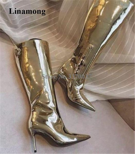 ladies new fashion pointed toe silver patent mirror leather knee high thin heel boots slim long high heel boots club shoes1, Black
ladies new fashion pointed toe silver patent mirror leather knee high thin heel boots slim long high heel boots club shoes1, Black