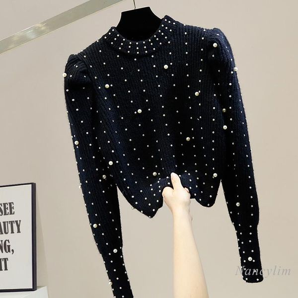 beads folds retro puff sleeve cropped pullover sweater female fashionable all-matching knit ladies knitwear, White;black
beads folds retro puff sleeve cropped pullover sweater female fashionable all-matching knit ladies knitwear, White;black