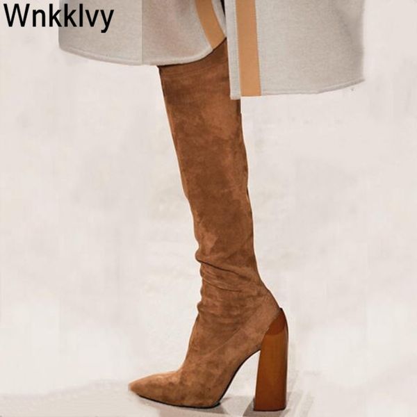 stretch autumn winter over the knee boots women suede flock chunky high heel shoes 2020 catwalk long thigh high boots lj201130, Black