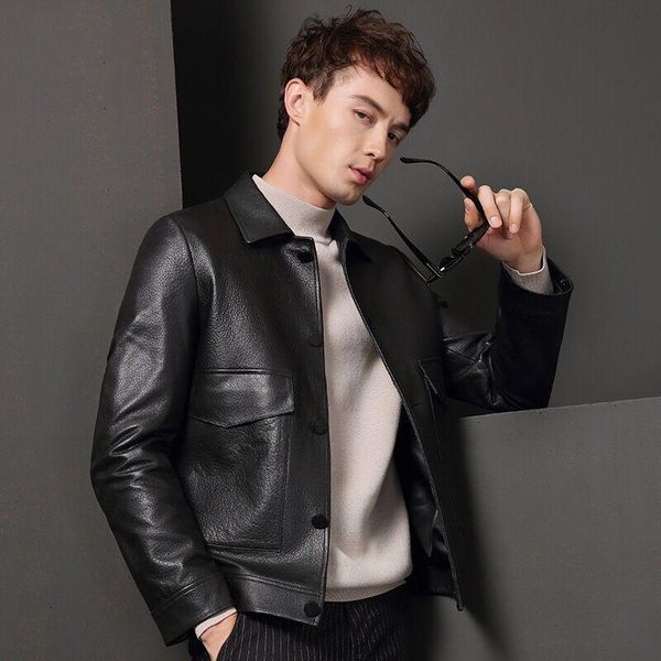 men's leather & faux haining jacket sheep lapel slim fit motorcycle short fur spring and autumn, Black
men's leather & faux haining jacket sheep lapel slim fit motorcycle short fur spring and autumn, Black