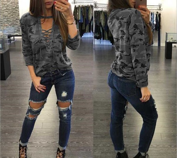 camouflage v-neck for women spring autumn bandage design tshirts long sleeved tees, White
camouflage v-neck for women spring autumn bandage design tshirts long sleeved tees, White