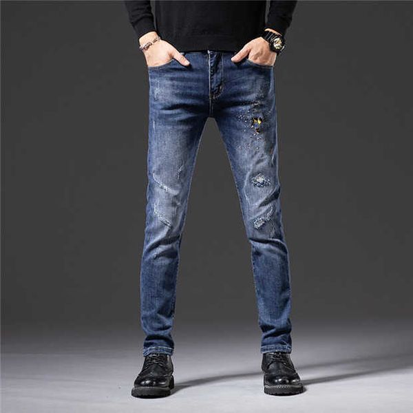 true brand print jeans men skinny jeep jeans black distressed acid wash wolf, Blue