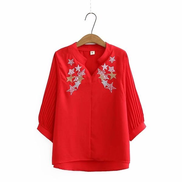 size v-embroidered plus blouse 2020 new summer three-quarters female shirts 3nkd, White
size v-embroidered plus blouse 2020 new summer three-quarters female shirts 3nkd, White