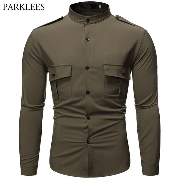 men's stand collar epaulette pocket decoration tooling wind shirt casual long-sleeve dress shirt slim men clothing, White;black
men's stand collar epaulette pocket decoration tooling wind shirt casual long-sleeve dress shirt slim men clothing, White;black