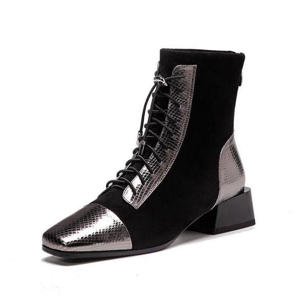 women 4cm med heels ankle boots genuine leather patchwork corss-tied square toe party wedding shoes woman female basic boots, Black
women 4cm med heels ankle boots genuine leather patchwork corss-tied square toe party wedding shoes woman female basic boots, Black