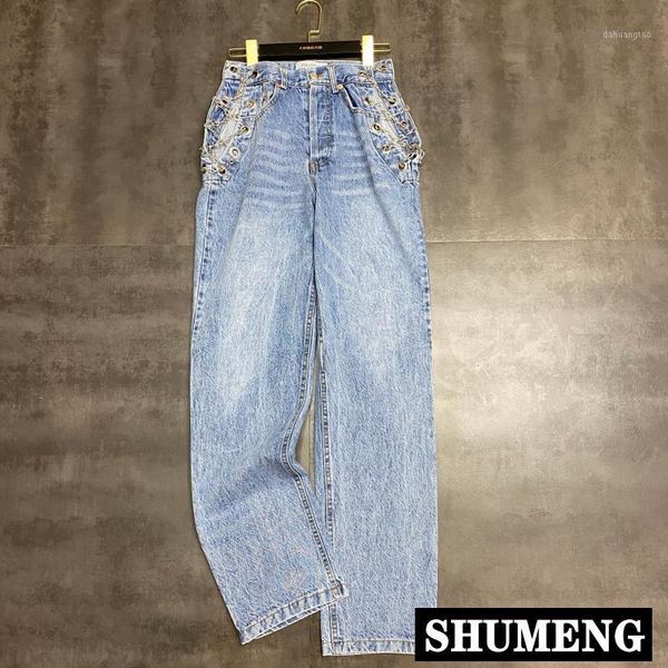 2020 summer new streetwear jeans high waist hollow chain denim straight pants women cool jeans trousers loose pants1, Blue
2020 summer new streetwear jeans high waist hollow chain denim straight pants women cool jeans trousers loose pants1, Blue