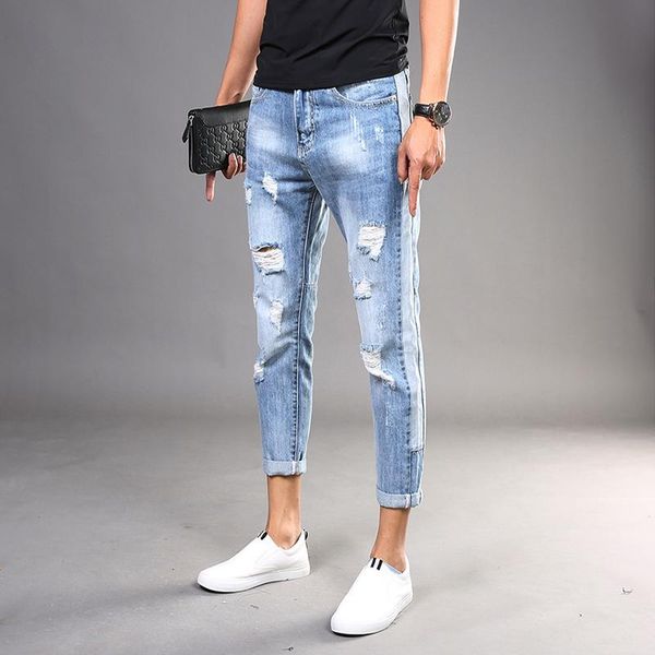 men side stripe ripped jeans summer blue cotton denim slim fit ankle-length pants
men side stripe ripped jeans summer blue cotton denim slim fit ankle-length pants