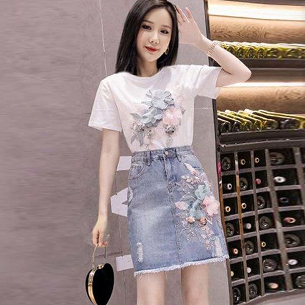 two-piece three-dimensional flower short-sleeved t-shirt female button pocket embroidery high waist skirt women's sets spring1, White
two-piece three-dimensional flower short-sleeved t-shirt female button pocket embroidery high waist skirt women's sets spring1, White
