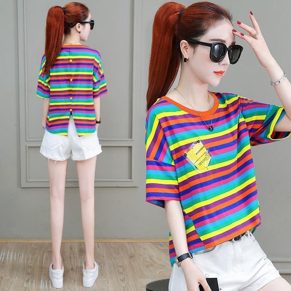 summer women casual loose rainbow striped o-neck short-sleeved t-shirt female harajuku pocket tee shirt kg-807, White
summer women casual loose rainbow striped o-neck short-sleeved t-shirt female harajuku pocket tee shirt kg-807, White