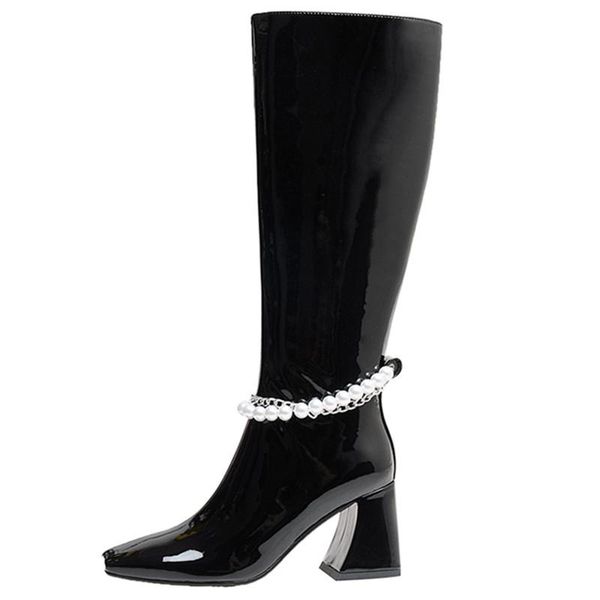 cow patent leather pearl chain thick heel knee-high boots women shoes fall winter shiny square toe .5cm back zip botas feminina, Black
cow patent leather pearl chain thick heel knee-high boots women shoes fall winter shiny square toe .5cm back zip botas feminina, Black