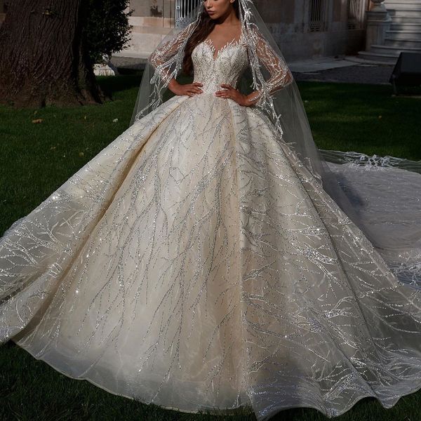 glitter ivory wedding dresses ball gown sheer long sleeves appliques v-neck bridal style custom made special occassion long gowns, White
glitter ivory wedding dresses ball gown sheer long sleeves appliques v-neck bridal style custom made special occassion long gowns, White