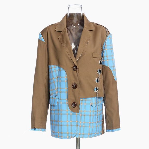 women khaki plaid patchwork chain blazer lapel long sleeve loose fit jacket fashion tide spring autumn 2021 oversized w1250, White;black
women khaki plaid patchwork chain blazer lapel long sleeve loose fit jacket fashion tide spring autumn 2021 oversized w1250, White;black
