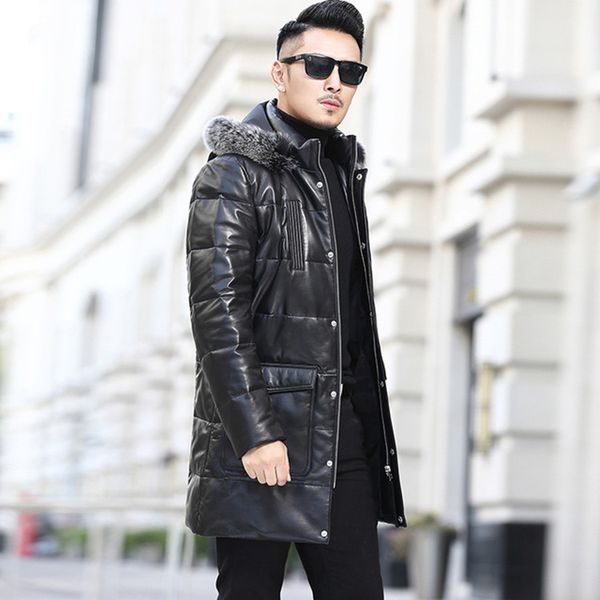 new winter leather down jacket thick warm men's coat hooded fox fur mid-length youth leather jacket q1209, Black
new winter leather down jacket thick warm men's coat hooded fox fur mid-length youth leather jacket q1209, Black